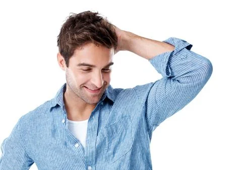Thinking, studio and happy man with memory for nostalgia, idea or past moment on Stock Photos
