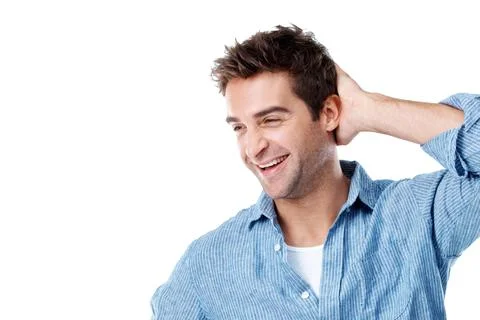 Thinking, studio and happy man with space for nostalgia, memory or past moment o 스톡 사진