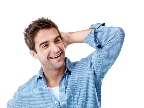 Thinking, studio and happy man with nostalgia for past memory or funny moment on Stock Photos