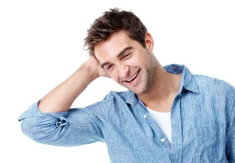 Thinking, studio and happy man with reminder for nostalgia, memory or past momen 스톡 사진