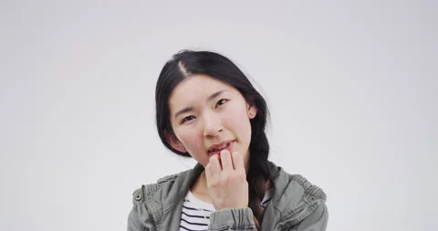 Thinking, studio face and Asian woman planning project ideas, problem solving Stock Footage 254220647