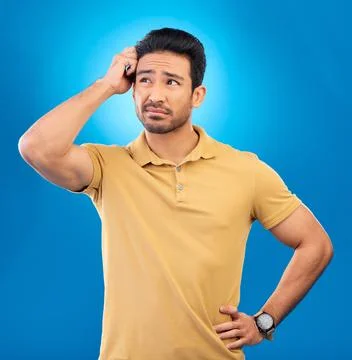 Thinking, studio ideas and man brainstorming solution, problem solving plan or Stock Photos