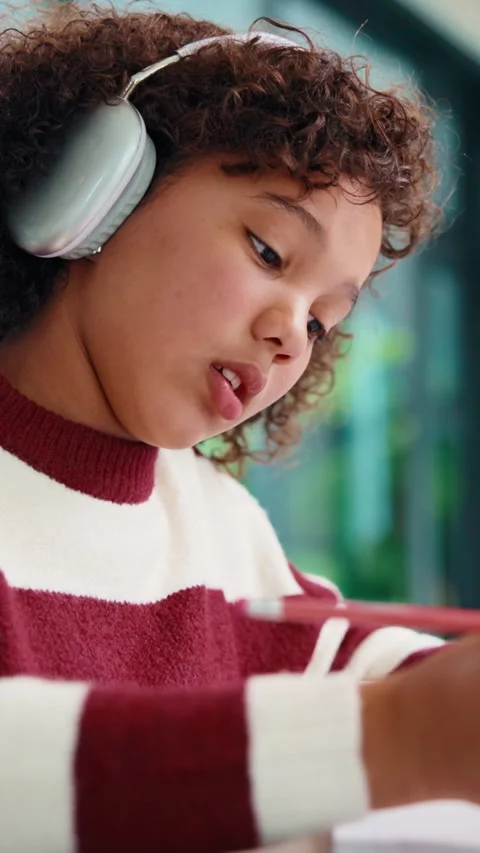 Thinking, study and child with headphones in house for homework, knowledge or Stockbeeldmateriaal 335891661