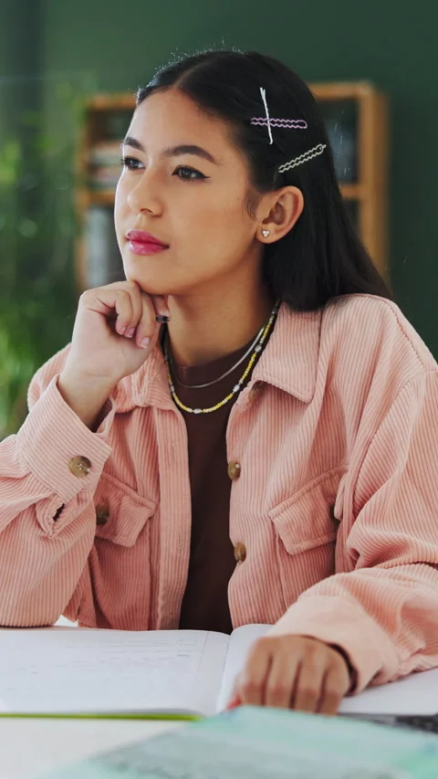 Thinking, study and university student in house with book, brainstorming and Stock Footage 340451032
