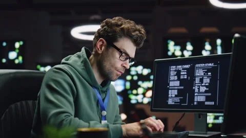Thinking system administrator working computer in data center closeup. IT man Stock Footage 260246258