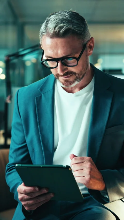Thinking, tablet and business man with investment solution, financial planning Stock Footage 343495371