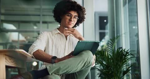 Thinking, tablet and creative man for research project, problem solving or email Stock Photos