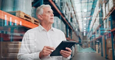 Thinking, tablet and man with overlay in warehouse for logistics data, inve.. Foto stock