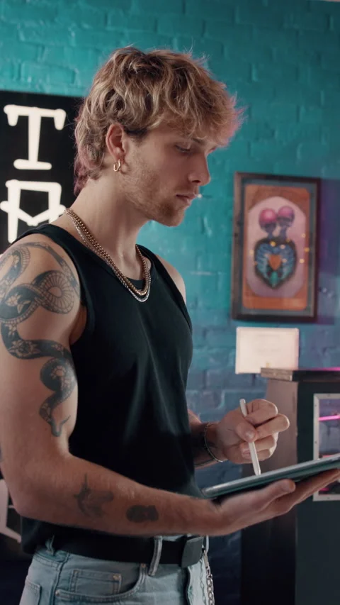 Thinking, tablet or tattoo artist in studio with drawing, online draft or Stock Footage 338097323