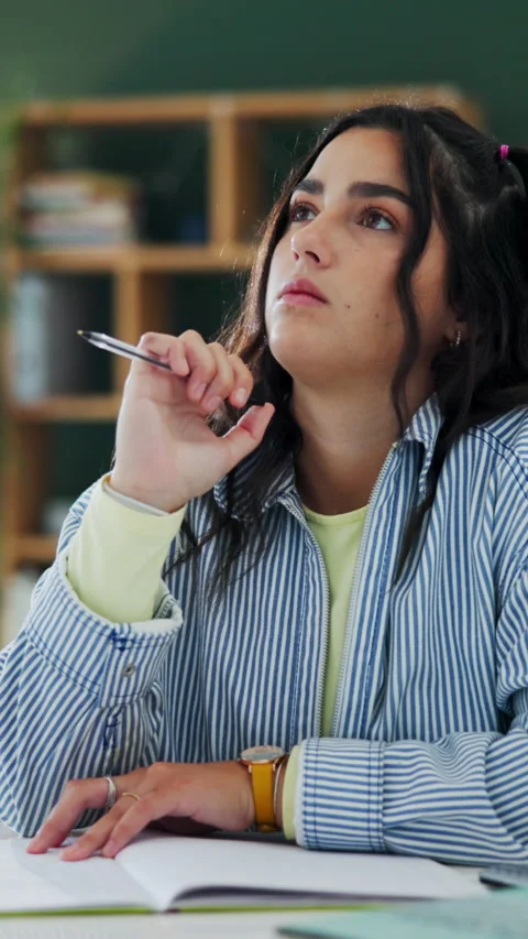 Thinking, task or university student in house with pen, study session or problem Stock Footage 340450998