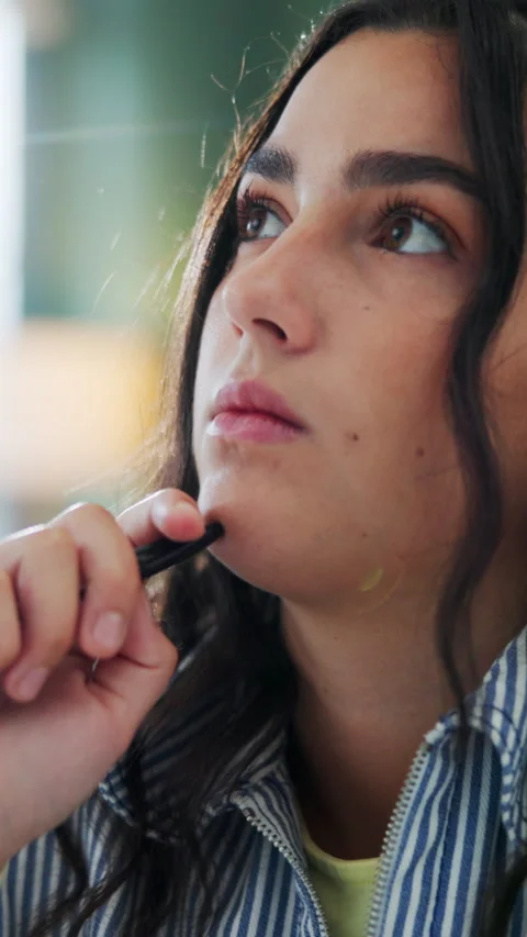 Thinking, task or university student in home with pen, study session or problem Stock Footage 340457824