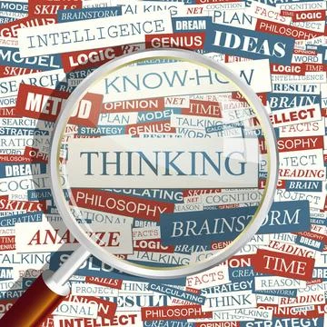 THINKING THINKING. Concept related words in tag cloud. Conceptual info-tex... 库存照片