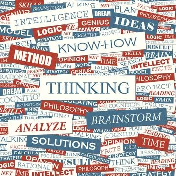 THINKING THINKING. Seamless pattern. Concept related words in tag cloud. C... Foto stock