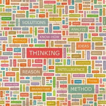 THINKING THINKING. Seamless pattern. Concept related words in tag cloud. C... Foto stock