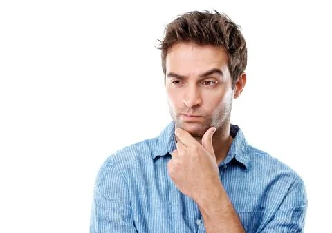 Thinking, unsure and man in studio with space, thoughtful and idea for problem s Stock Photos