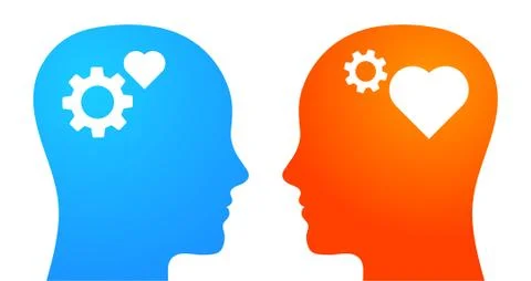 Thinking vs feeling. Emotional and rational intelligence. Heads with heart and 스톡 일러스트