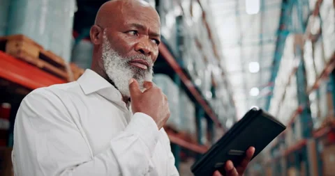Thinking, warehouse and black man on tablet for shipping, delivery and online Video stock 326002945