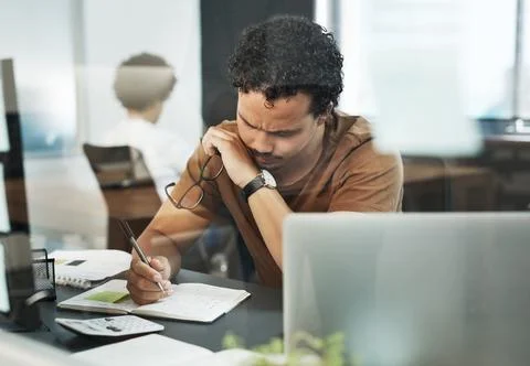 Thinking, web design and writing with business man in office for problem so.. Foto stock