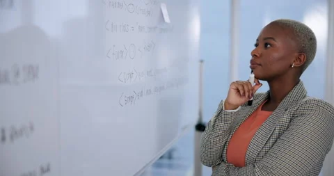 Thinking, white board and black woman in classroom, idea and education of course Stock Footage 281082243