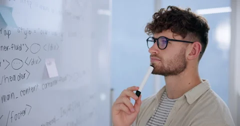 Thinking, white board and man in classroom, education or teacher with coding Stock Footage 281082166