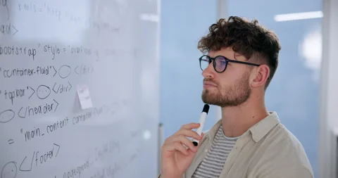 Thinking, white board and man in classroom, teacher and education of coding in Stock Footage 281082849
