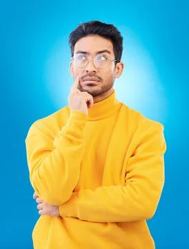 Thinking, why and studio man planning solution, problem solving plan or strategy Foto stock