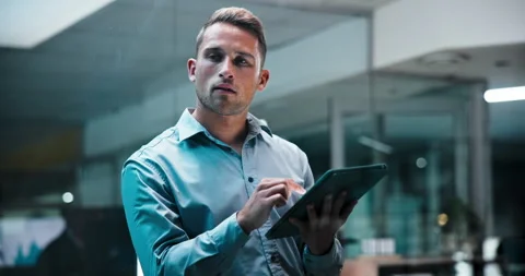 Thinking, window and businessman on tablet at night for solution, investment Stock Footage 341429448