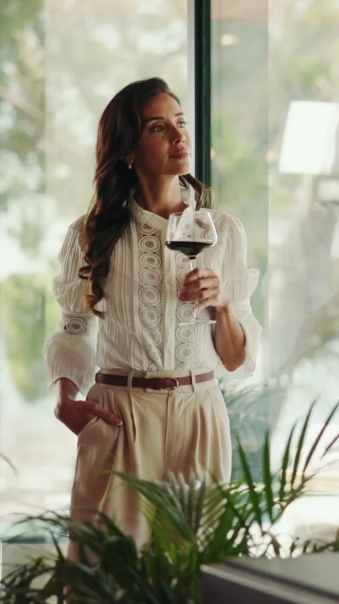 Thinking, window and woman with wine in home to relax on weekend, good mood and Stock Footage 333236176