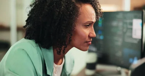 Thinking, woman and computer for programming in office with research, software 스톡 동영상 330058464