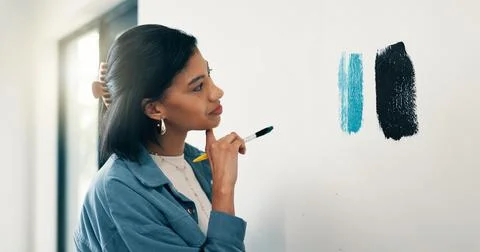 Thinking, woman and paint sampling on wall for color choice, home renovatio.. Stock Photos