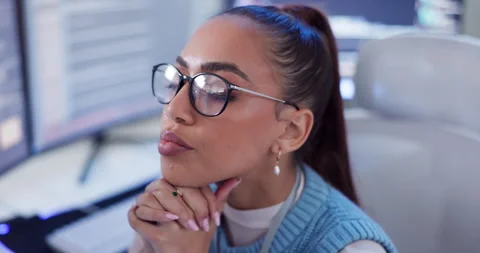 Thinking, woman and programmer on computer for coding, software or data on Stock Footage 271053801
