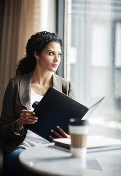 Thinking, woman and window with folder in office for vision, case file and .. Stock Photos