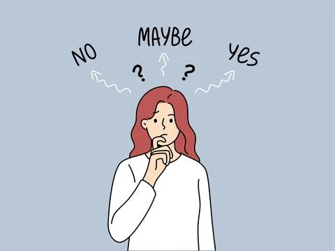 Thinking woman makes difficult solution and reflects on problem that has arisen. Stock Illustration