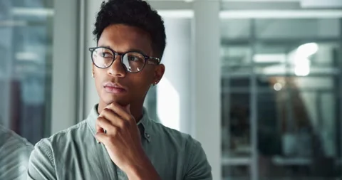 Thinking, wonder and window with business man in office for problem solving Stock Footage 294455332