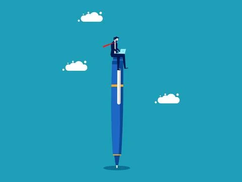 Thinking work. businessman sits and works on a pen. business concept vector 스톡 일러스트