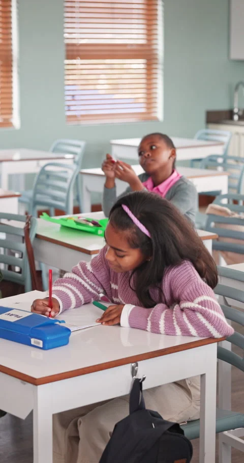 Thinking, writing and child in classroom at school for development, growth or Stock Footage 341077939