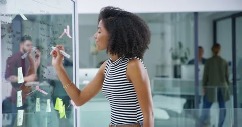 Thinking, writing and window with business woman in office for planning Stock Footage 345805354