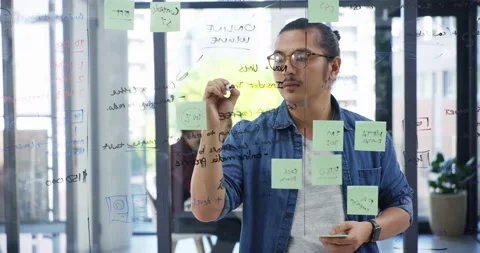 Thinking, writing and window with business man in office for planning Stock Footage 345805534