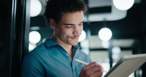 Thinking, writing or man with tablet in office, ai development or idea for Stock Footage 335453672