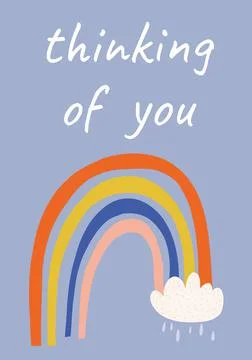 Thinking of you text with illustration of rainbow with cloud and rain on blue Illustrazione stock
