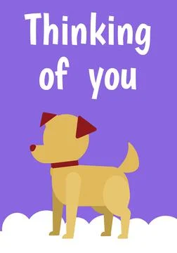 Thinking of you text over puppy dog standing on the cloud icon against blue Illustrazione stock