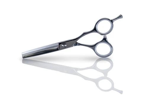Thinning scissors with reflection isolated on white background Stock Photos