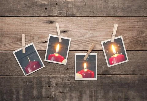 Third Advent, Four old photo frames with Advent candles Stock Photos
