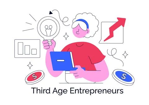 Third Age Entrepreneurs Vector Illustration Featuring Small Business Growth.. Stock Illustration