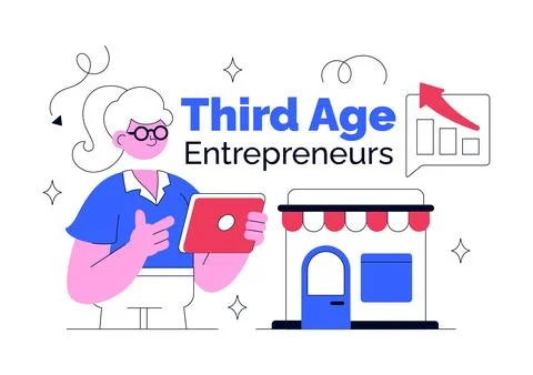 Third Age Entrepreneurs Vector Illustration Featuring Small Business Growth.. Stock Illustration