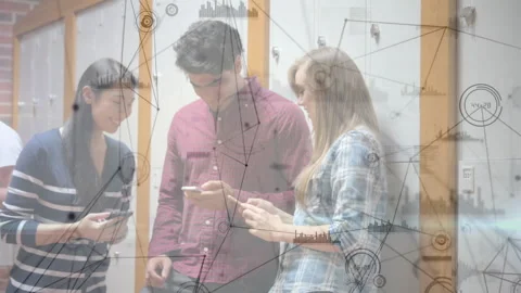 Third colleague joining coworkers tapping smartphones near lockers comparing app Stock Footage 312297985
