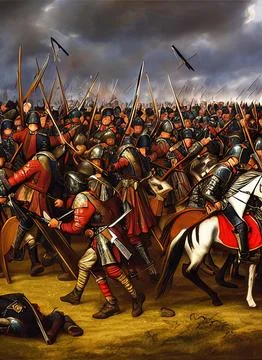 Third English Civil War ca 1650. Fictional Battle Depiction. Generative AI. Stock Illustration