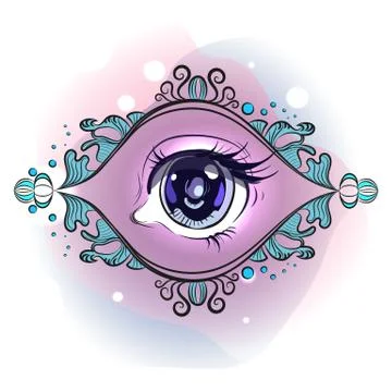 Third eye with colored watercolor spots. Esoteric symbol. Stock Illustration