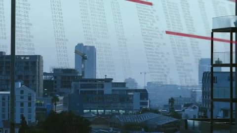 Third frame revealing spreadsheet overlay sliding red bars across skyline, Stock Footage 327272603