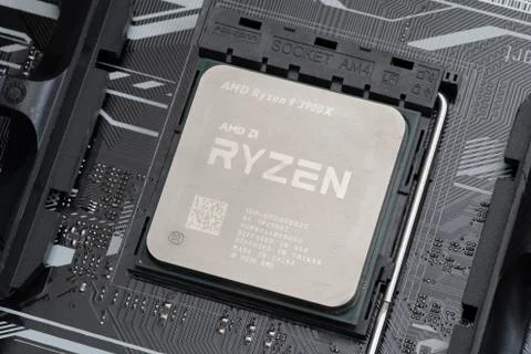 Third generation Ryzen processor on motherboard Stock Photos